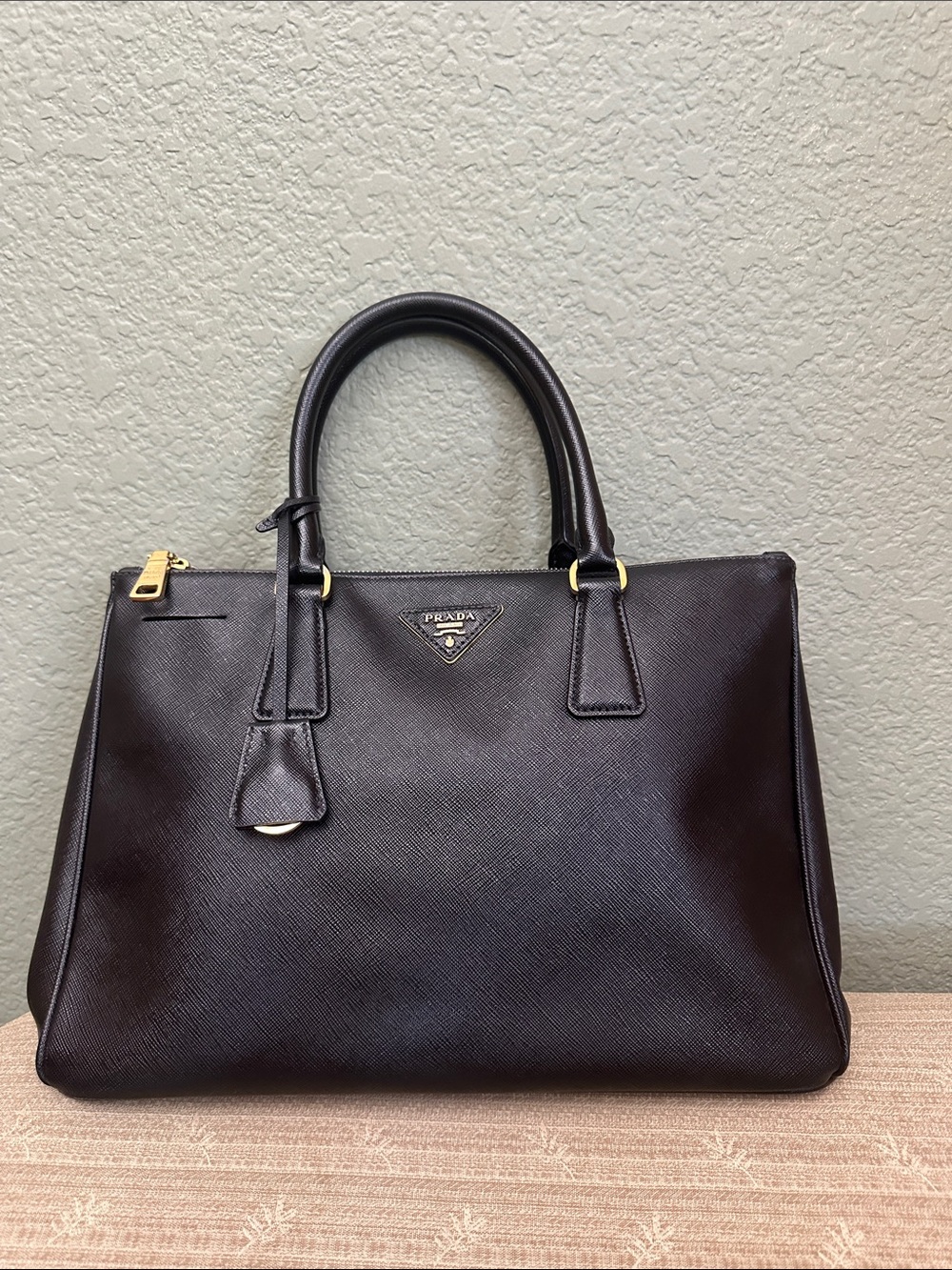 Prada Dark Brown Saffiano Leather Tote with Gold Hardware